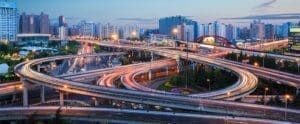 Modern city interchange overpass in nightfall at Shanghai.